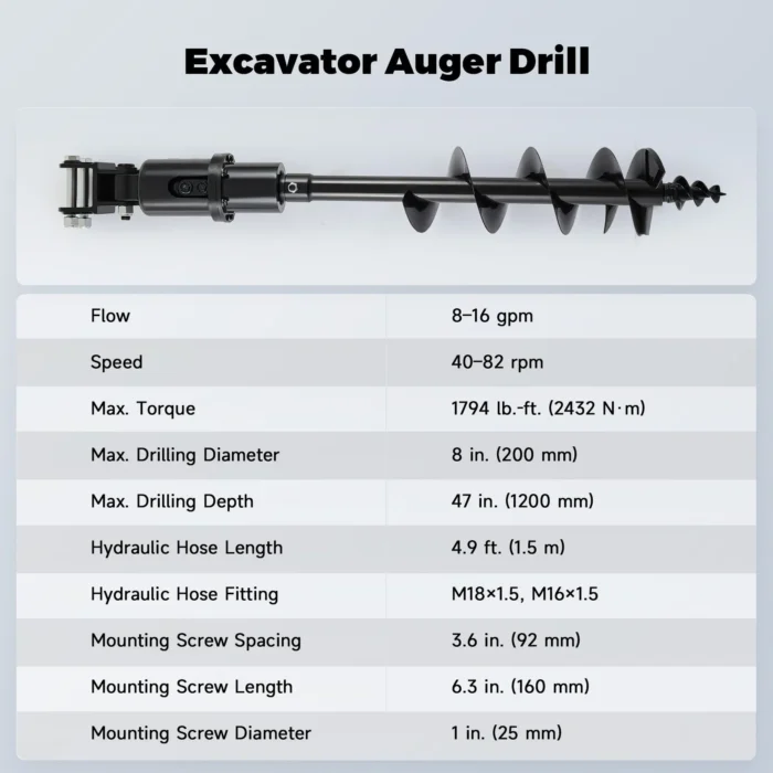 8″ Hydraulic Auger Drill Attachment for Mini Excavator 45″ Depth - Image 6